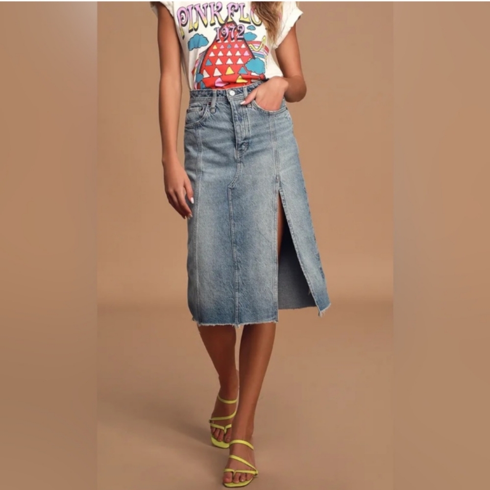 NWOT Free People We The Free Distressed Mambo Midi Denim Skirt With Slit
